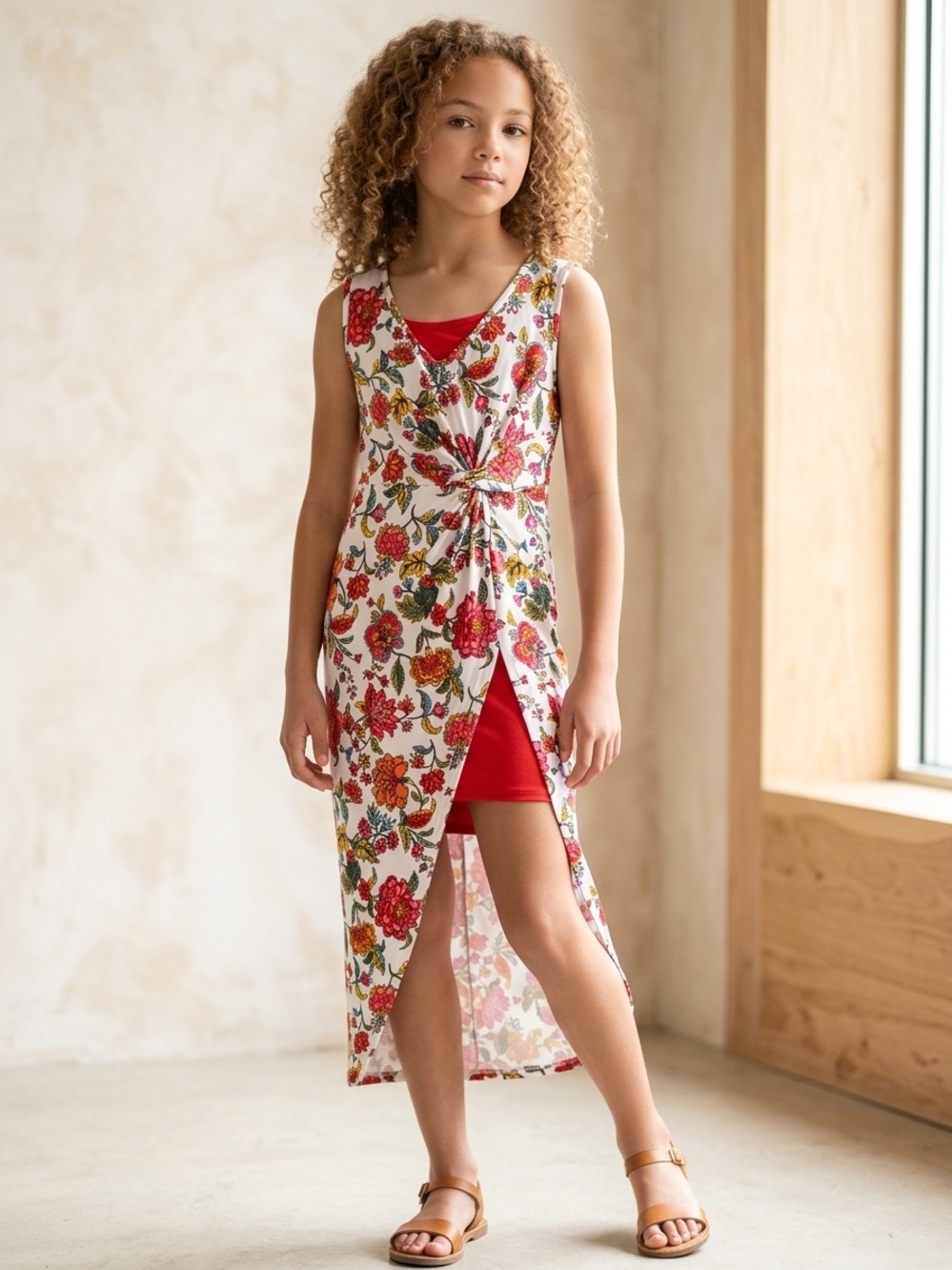 paper doll Red Floral Knot-Front Layered Dress
